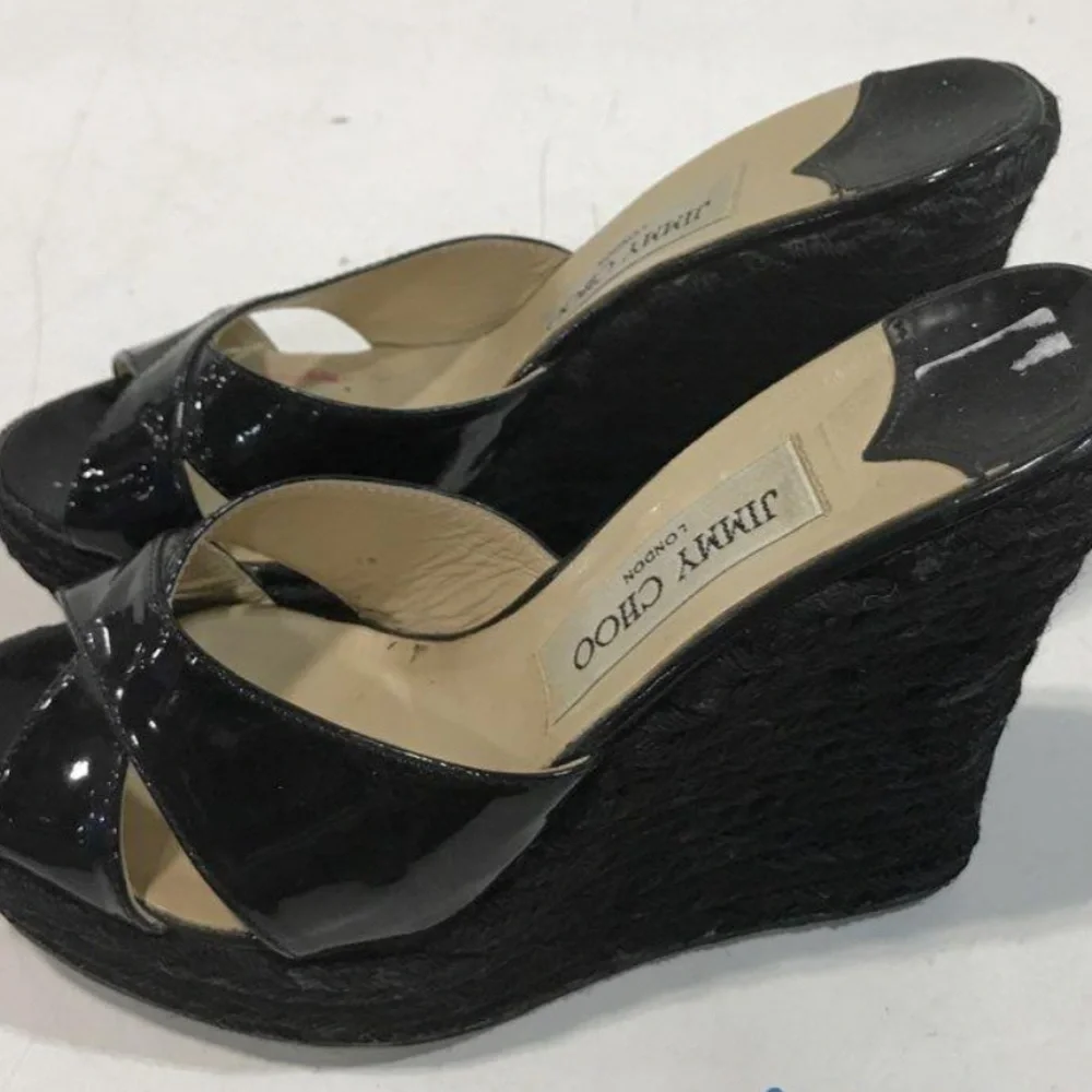 Women’s Jimmy Choo Black Patent Platform Espadrille Wedge Heels Sandals Size 37